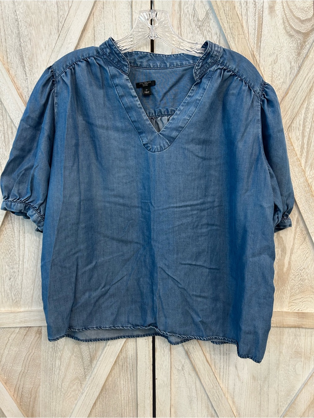 Ann Taylor Blue Denim V-Neck Puff Sleeve Blouse